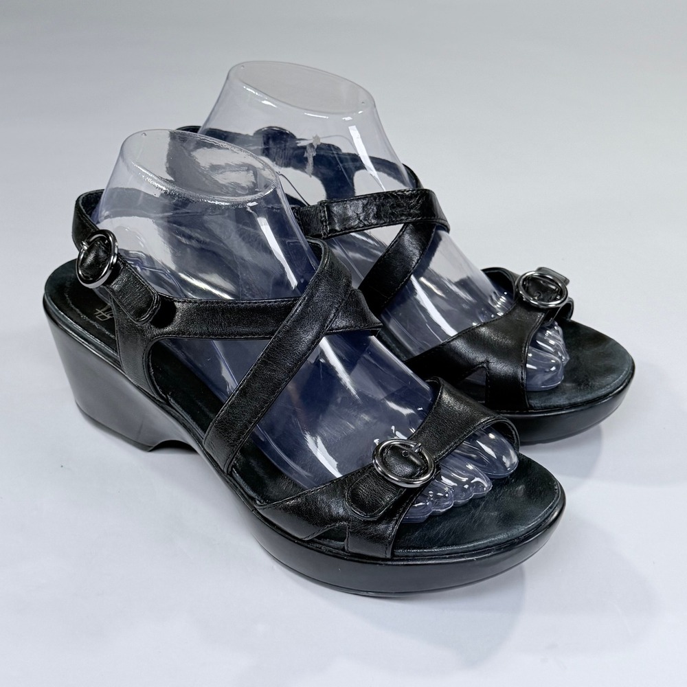 Dansko Strappy Wedge Sandals Womens 40/9.5-10 Black Leather Comfort Minimalist